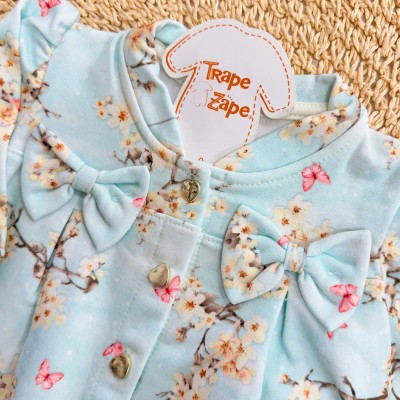 Conj. Casaco Florzinhas com Casinhas de Passarinhos  e Calça de Linho - Azul